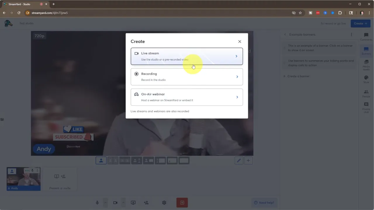 StreamYard Create dialog with Live stream option highlighted