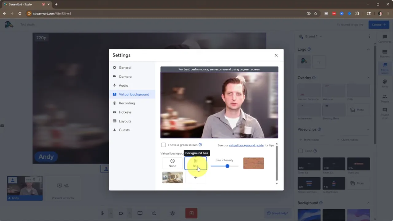 StreamYard Virtual background settings showing the Blur option selected and the Blur intensity slider beneath the presenter preview.