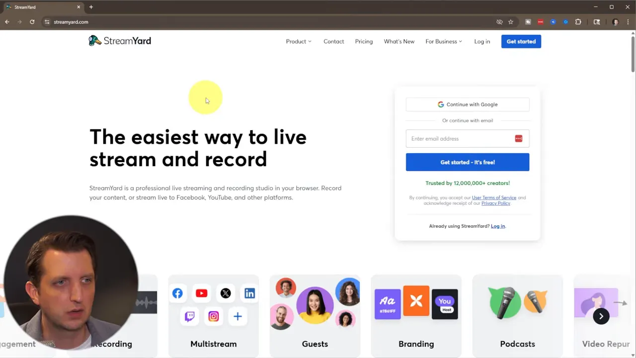 StreamYard homepage hero with headline 'The easiest way to live stream and record' and small presenter inset