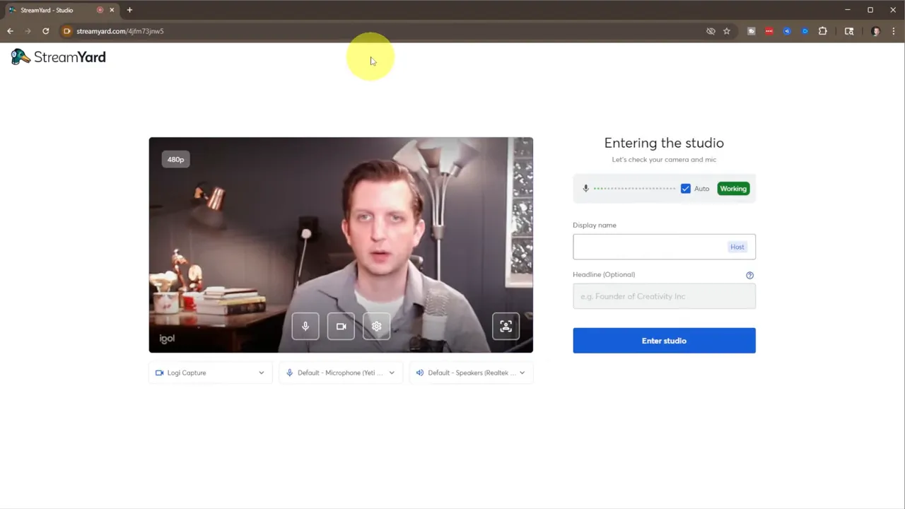 StreamYard studio preview showing camera feed, audio meter labeled 'Working', device selectors and Enter studio button