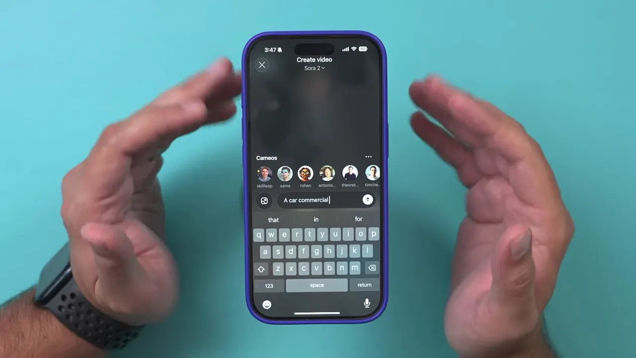 Sora create-video screen on iPhone showing the prompt 'A car commercial' entered with the keyboard visible