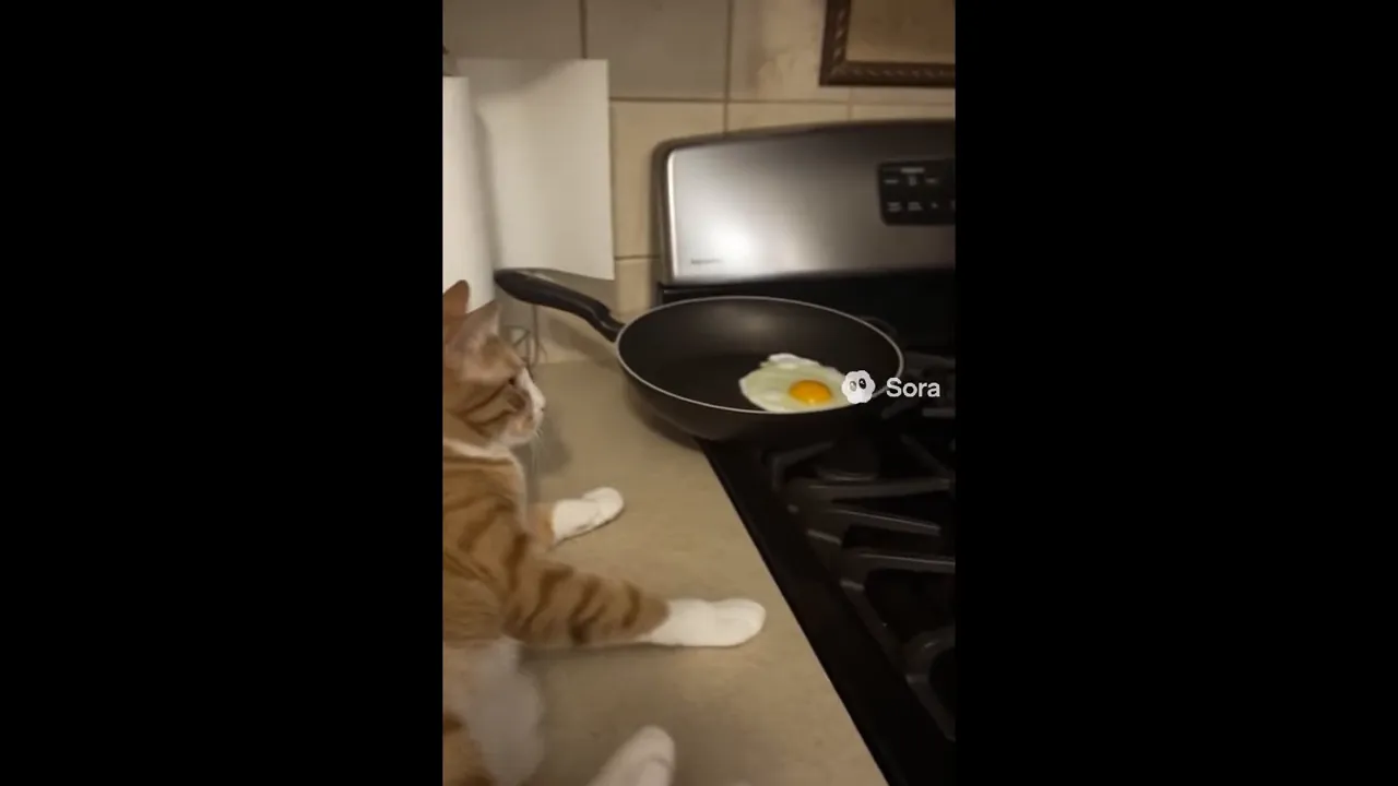 Orange cat watching an egg fry in a pan on a stove, vertical screenshot with Sora watermark