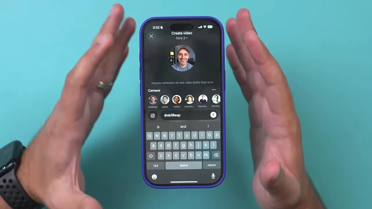 Clear shot of Sora's Create video screen with cameo avatars, profile avatar, and text input field on an iPhone held over a teal background.