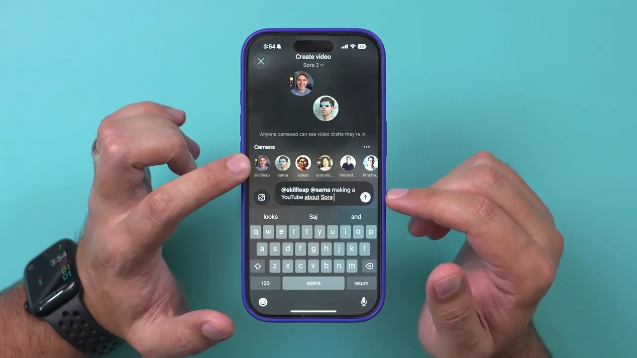 iPhone showing Sora 'Create video' screen with two cameo avatars, a text bubble mentioning multiple cameos, and hands tapping the screen