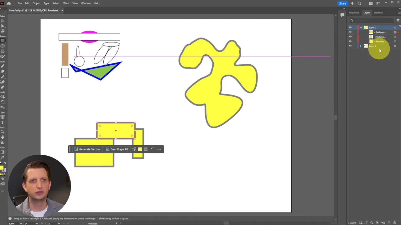Adobe Illustrator artboard with various yellow shapes and a large abstract form, selected rectangles shown with handles, layers panel at right; presenter inset bottom-left.