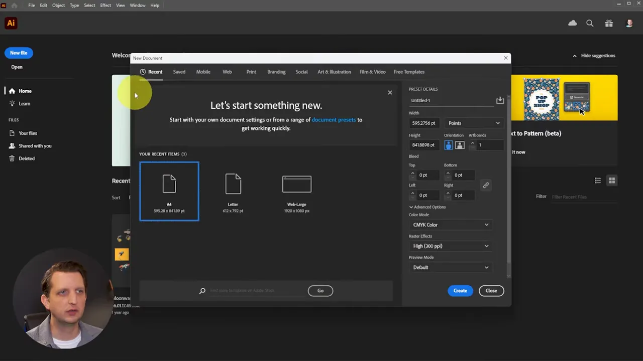 Illustrator New Document window showing Recent presets