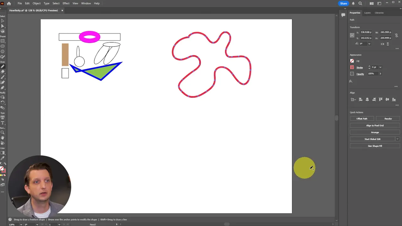 Illustrator path with anchor points and handles visible after drawing with Pencil tool