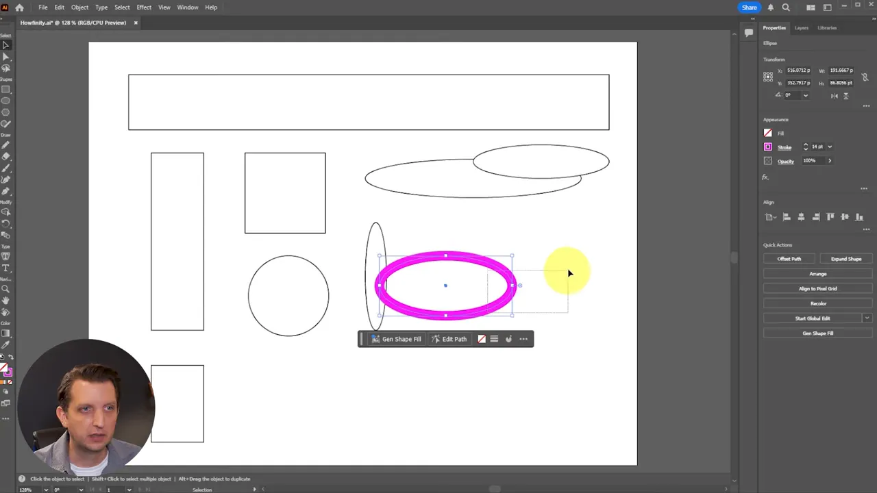 Full Illustrator workspace showing a magenta-stroked oval selected with visible bounding box and quick action menu; cursor near the selection and Properties panel on the right.