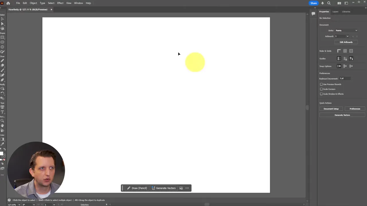 Adobe Illustrator empty artboard with toolbar and properties panel visible