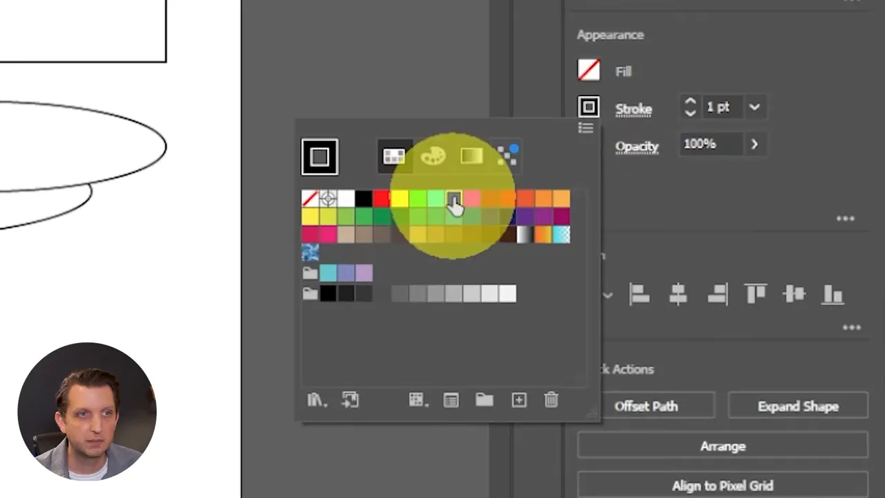 Close-up of Illustrator's swatches pop-up with the cursor over a color, and the Appearance/Stroke controls visible in the Properties panel to the right.