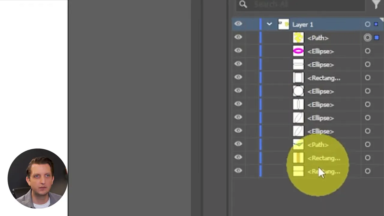 Illustrator Layers panel expanded to show multiple objects (paths, ellipses, rectangles) listed under Layer 1 with a cursor