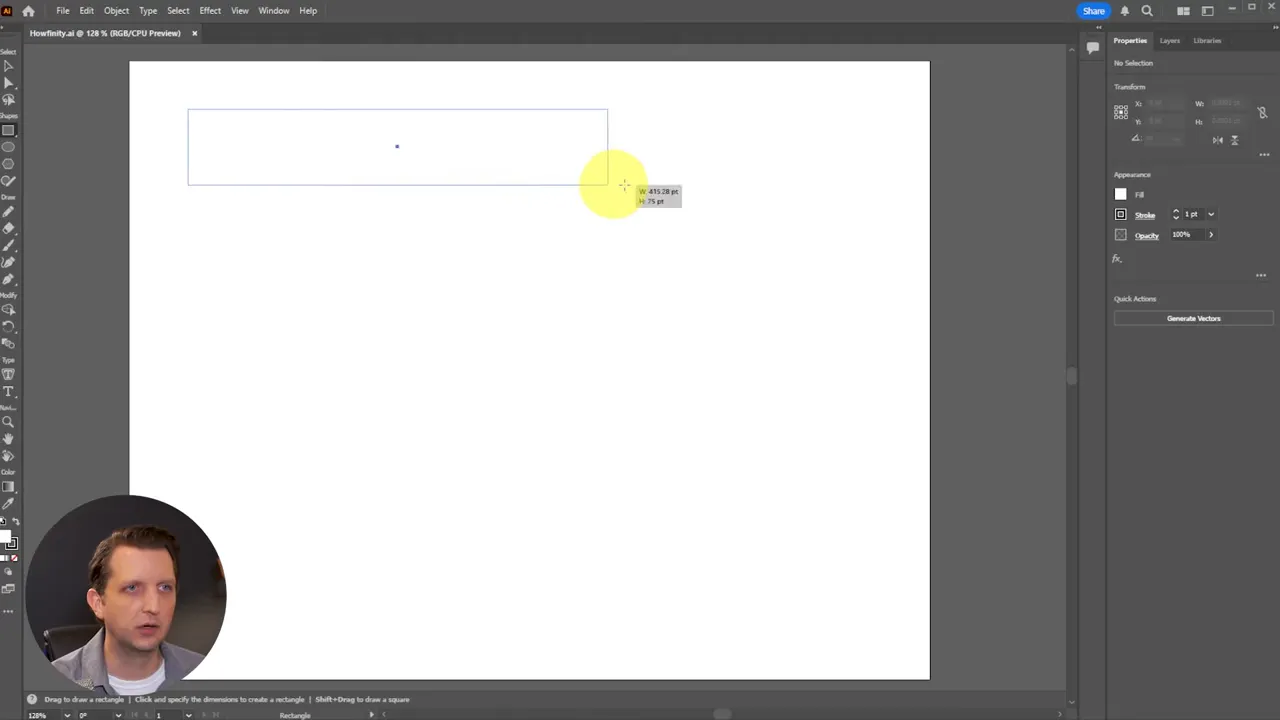 A rectangle being drawn on the Adobe Illustrator artboard with live measurement tooltip and highlighted cursor.