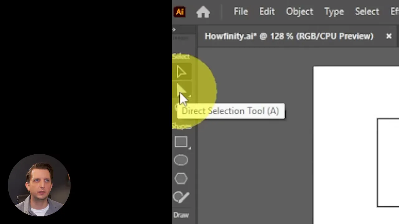 Close-up screenshot of Illustrator’s left toolbar with the Direct Selection Tool (A) tooltip and a circular presenter overlay.