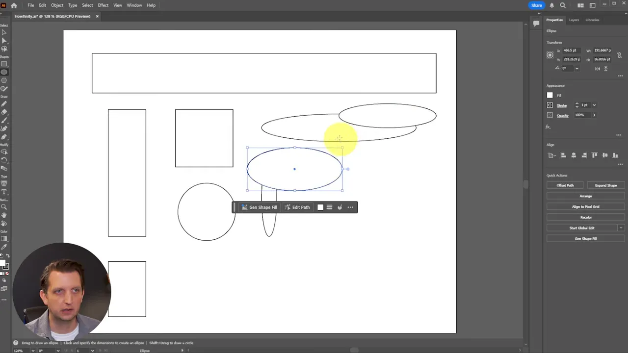 Illustrator canvas with overlapping ellipses and a selection bounding box