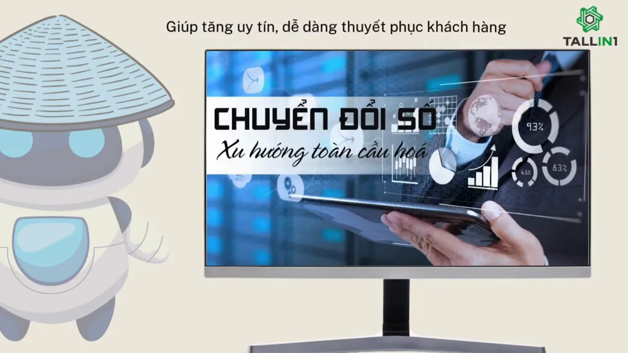 Màn hình hiển thị cụm chữ chuyển đổi số và hình ảnh bàn tay sử dụng thiết bị số