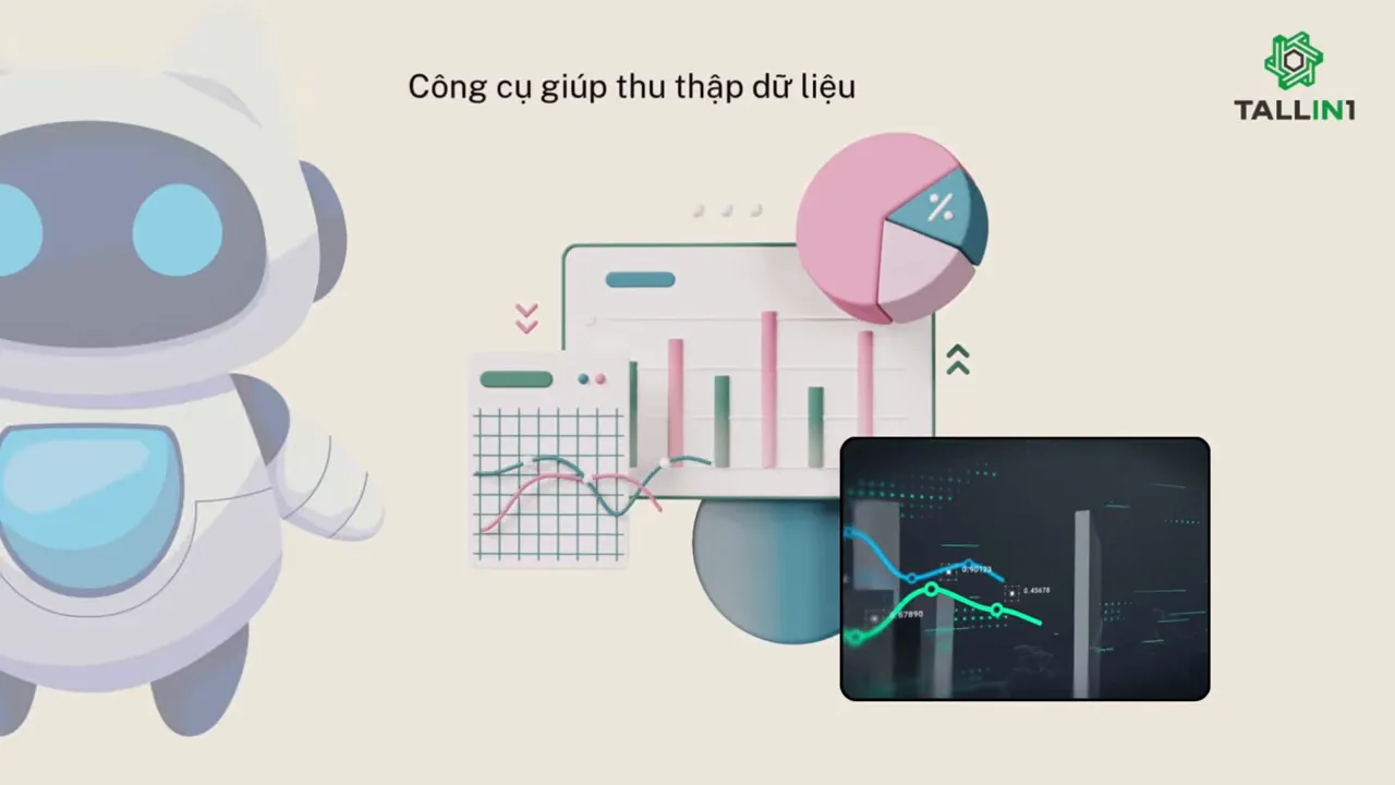 Minh họa biểu đồ cột, biểu đồ tròn và biểu đồ đường với dòng chữ công cụ giúp thu thập dữ liệu
