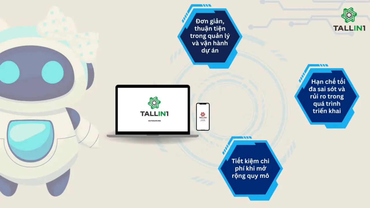 Sơ đồ các lợi ích gồm đơn giản quản lý dự án, giảm sai sót và rủi ro, tiết kiệm chi phí mở rộng