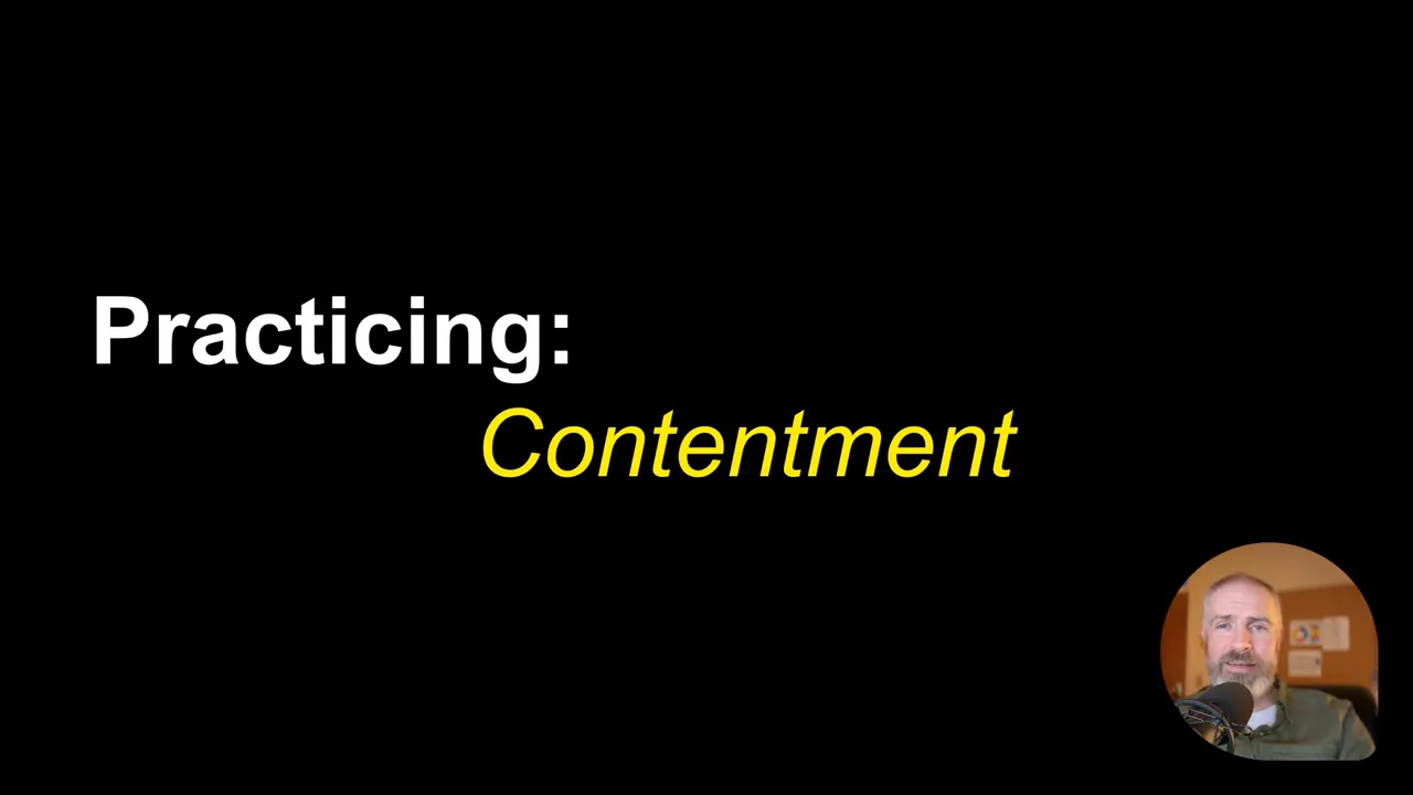 Slide that reads 'Practicing: Contentment' on a black background with a small speaker inset in the lower right.