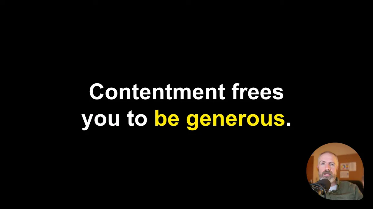 High-contrast black slide with white and yellow text 'Contentment frees you to be generous.' and a small circular speaker inset in the lower right.