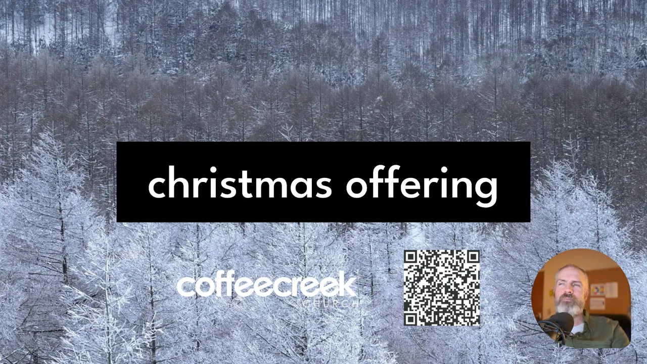 Winter trees background with black 'christmas offering' banner, coffeecreek logo and a clear QR code with a small speaker inset at lower right.