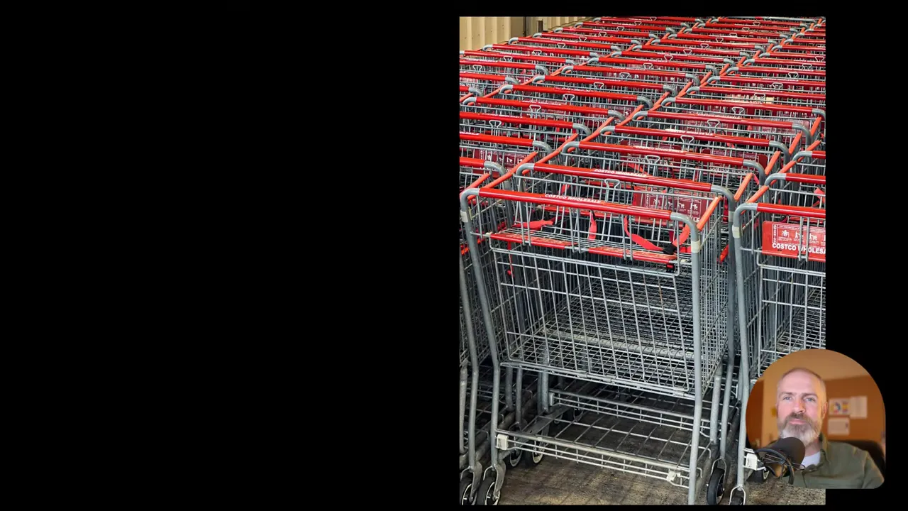Rows of empty shopping carts with red handles stacked at a store entrance, small speaker-inset in the corner.