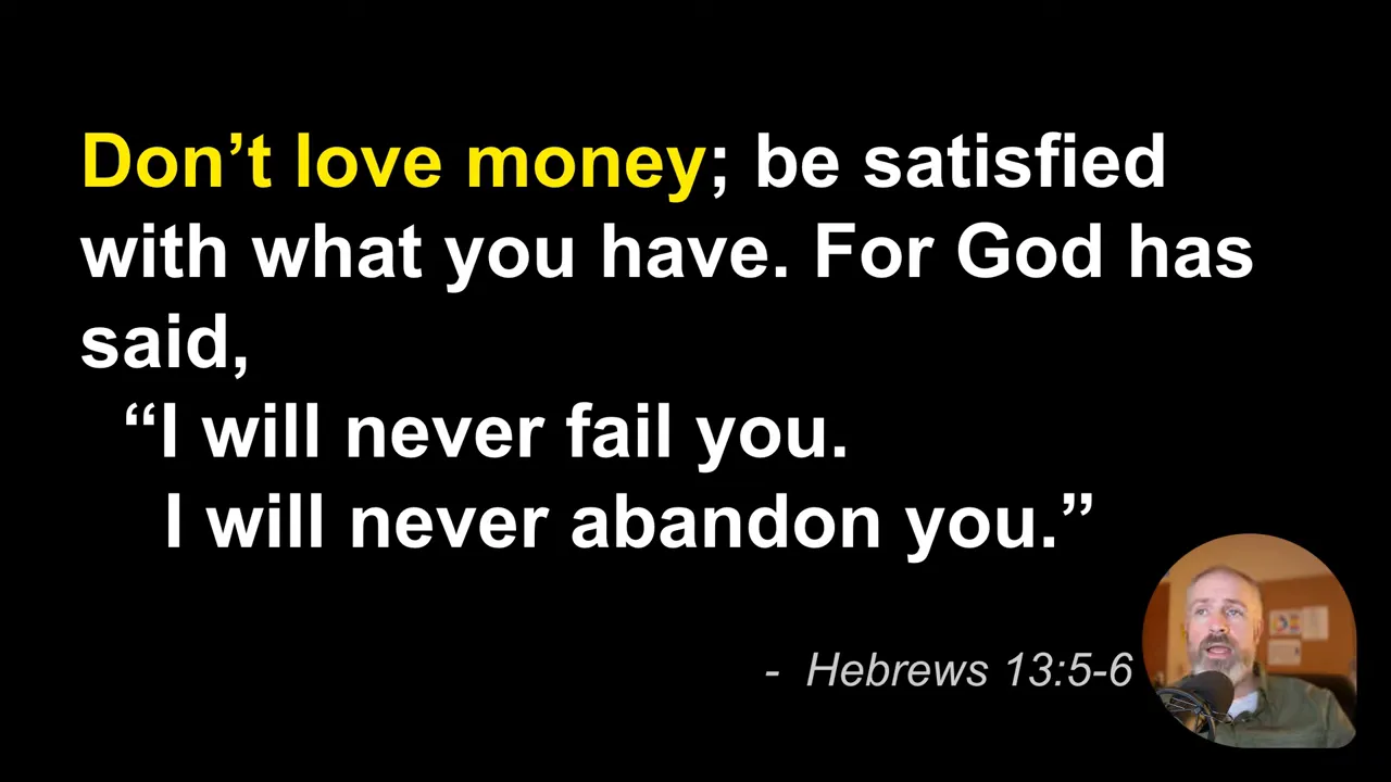 Black quote slide with Hebrews 13:5-6 about not loving money and God's promise, including a small speaking portrait in the corner
