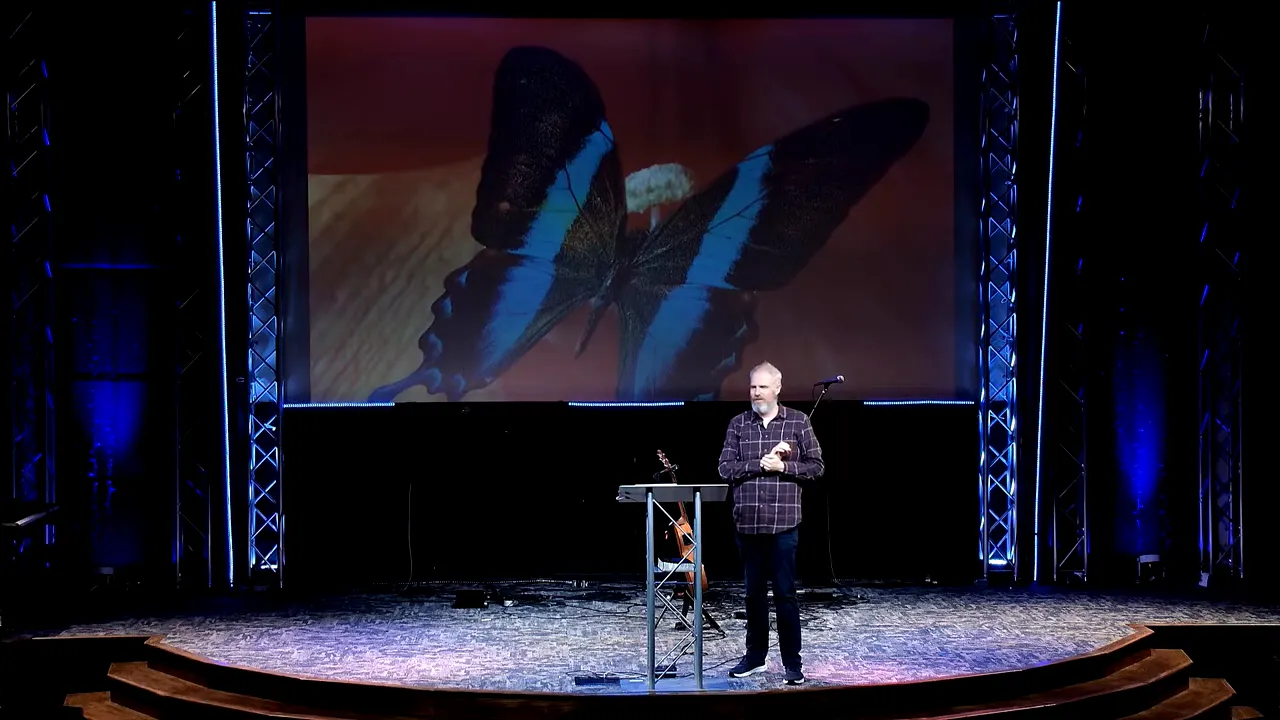 Stage with large projected butterfly image and speaker standing to the right of the lectern