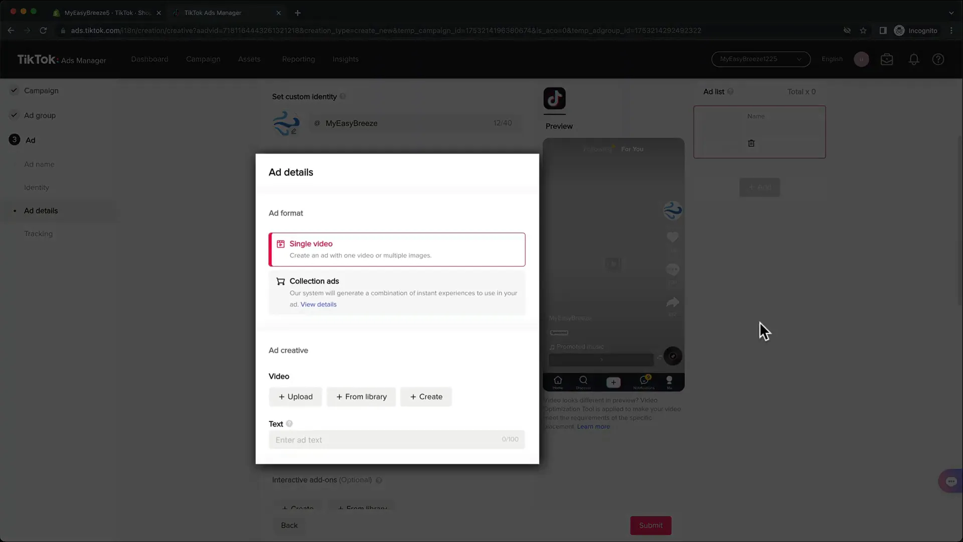 Création de l'annonce TikTok
