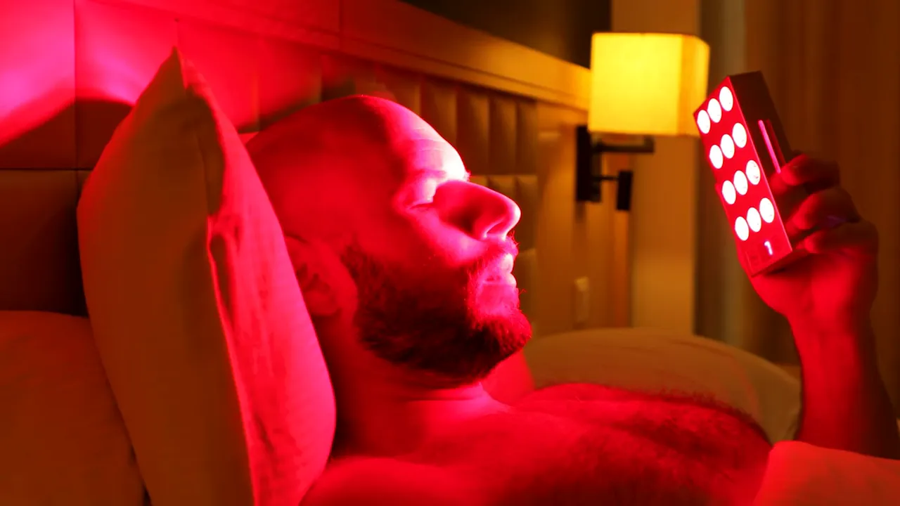 Person reclining in bed holding a compact handheld red light therapy device emitting red LEDs