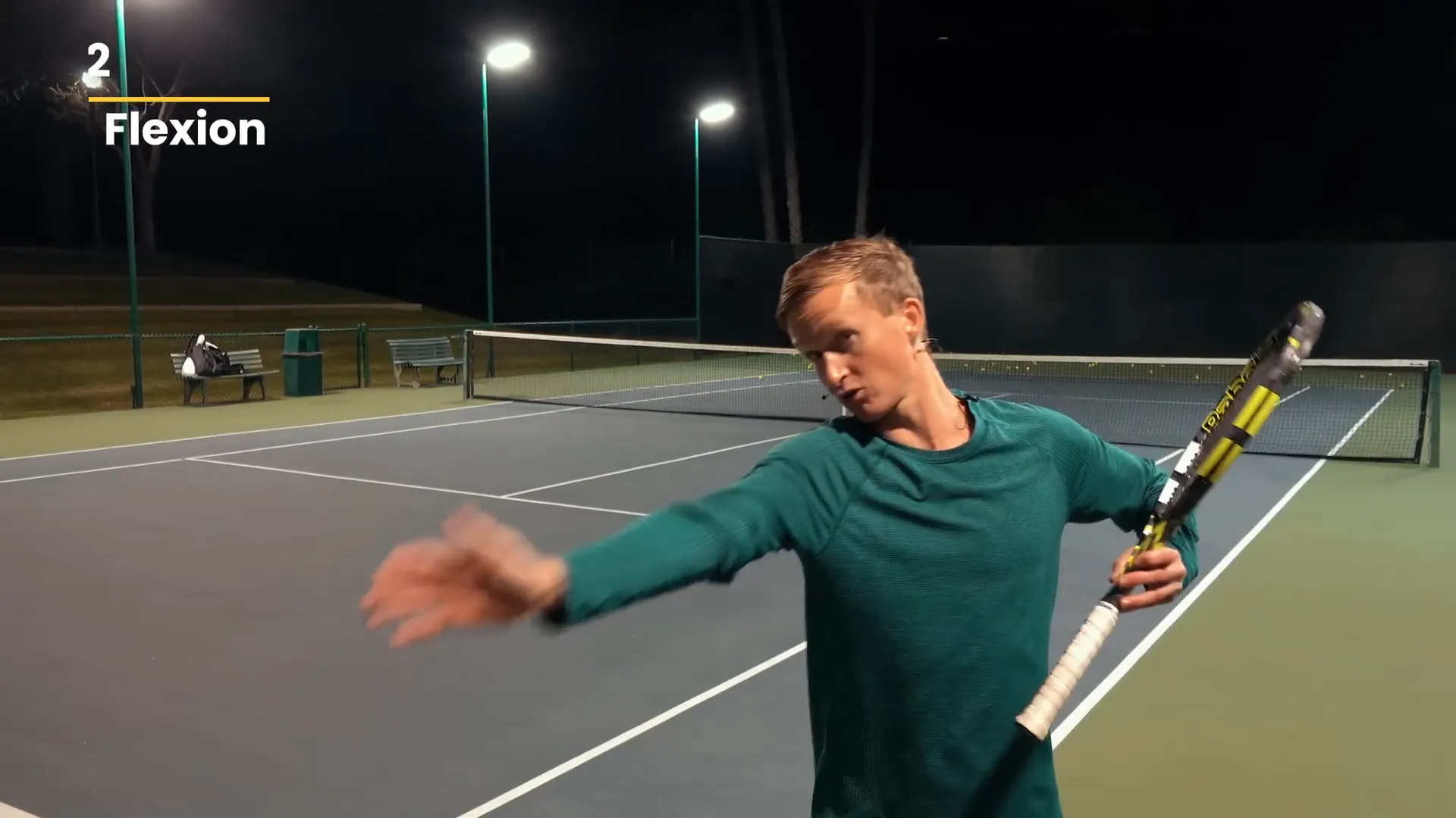 Forehand follow through showing arm adduction, flexion, and shoulder internal rotation