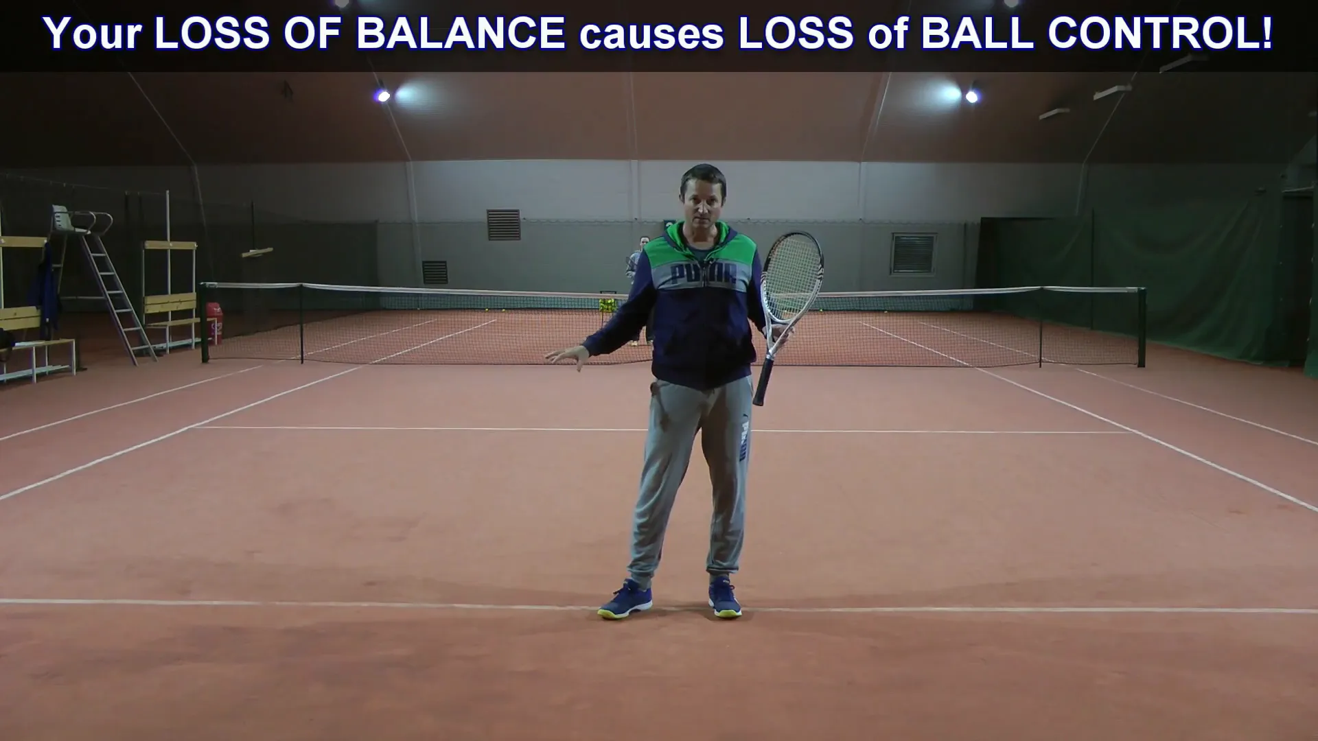 Player showing an unstable position trying to stabilize the racket