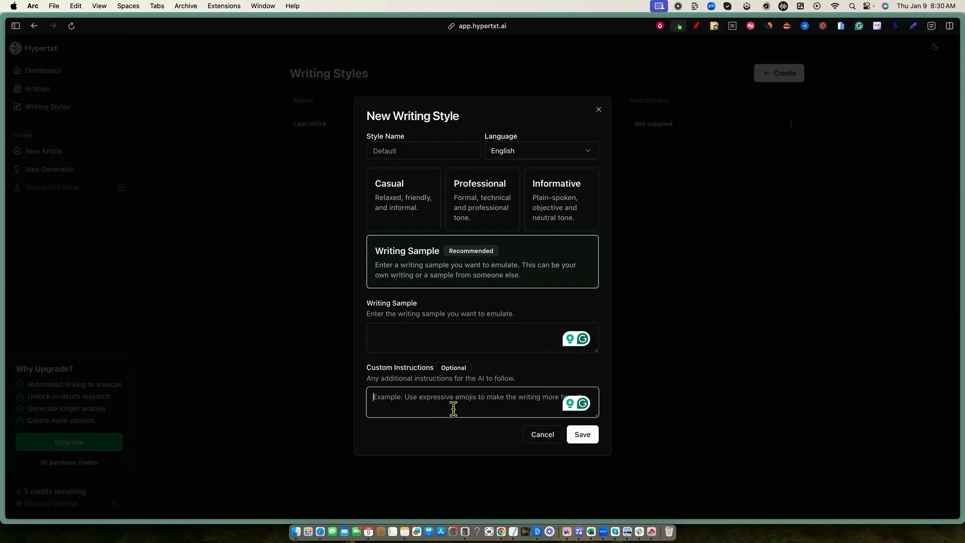 Creating a custom writing style in Hypertext