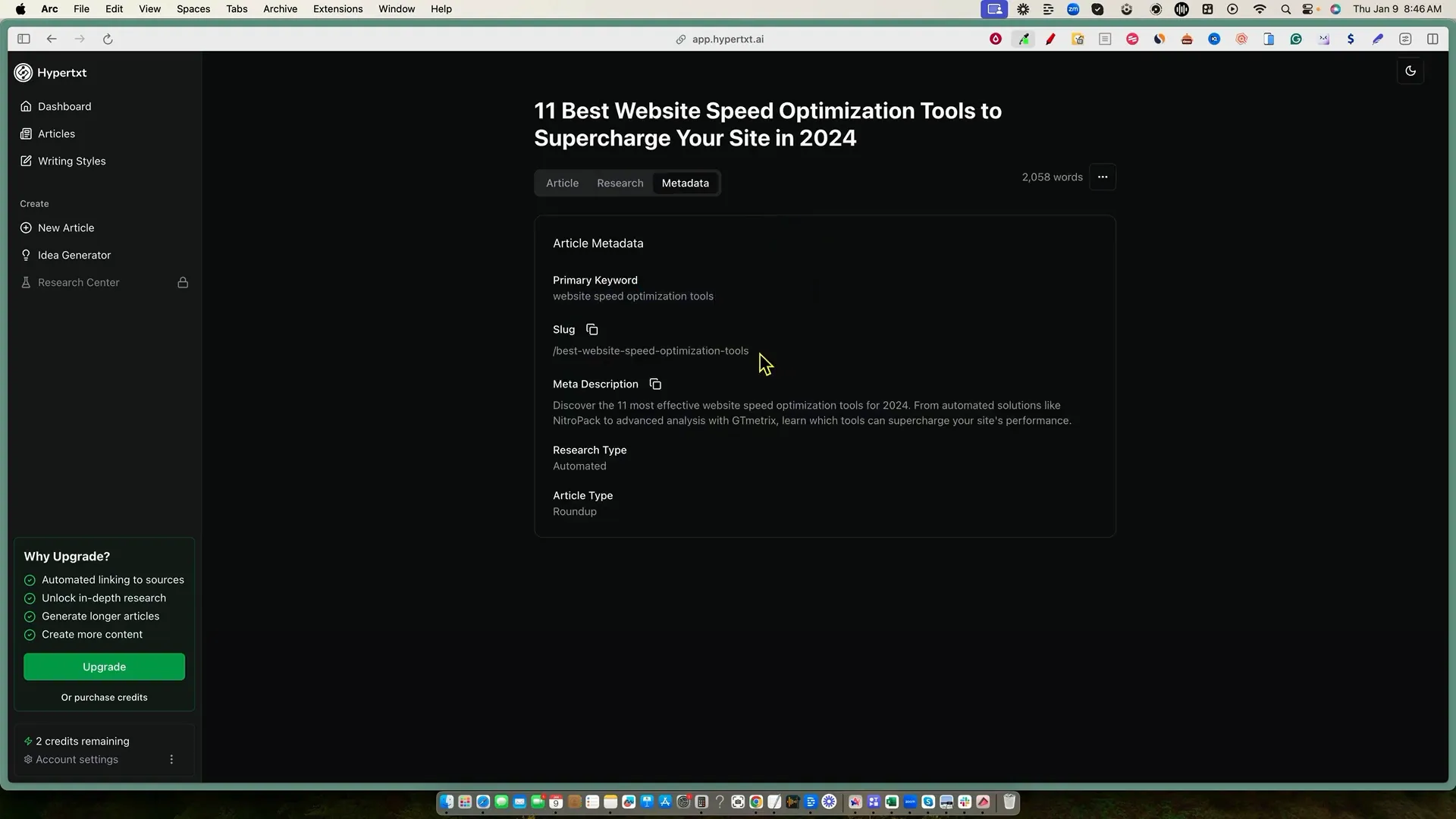Metadata setup for the article
