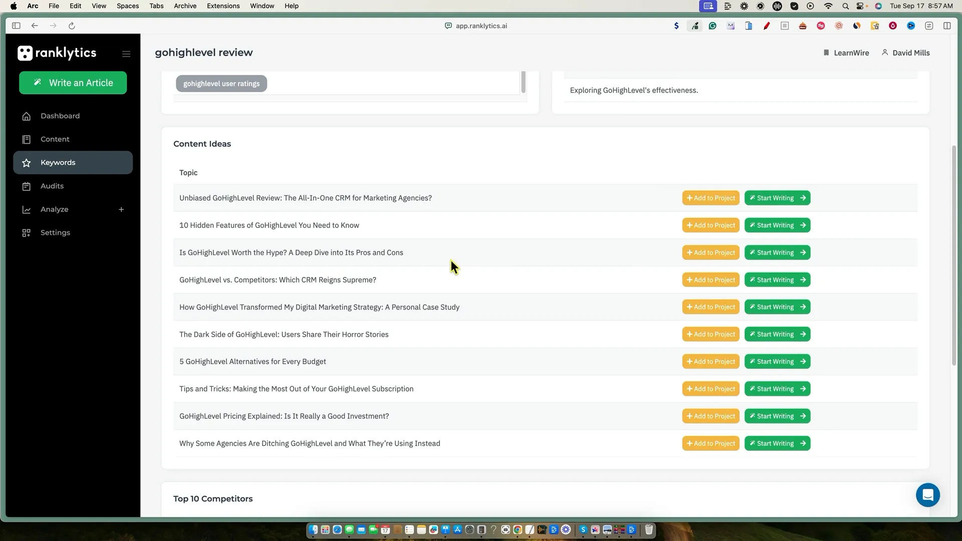 Content writing interface in Ranklytics