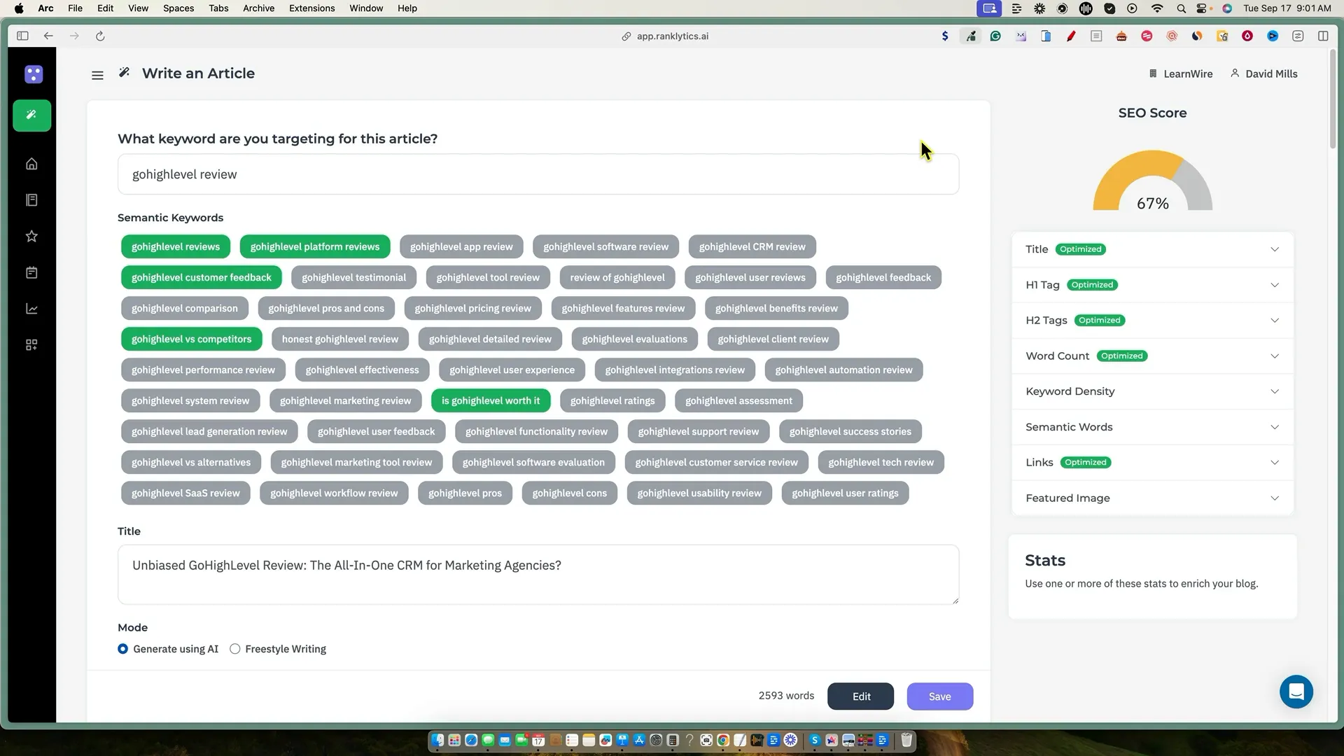 SEO score feature in Ranklytics