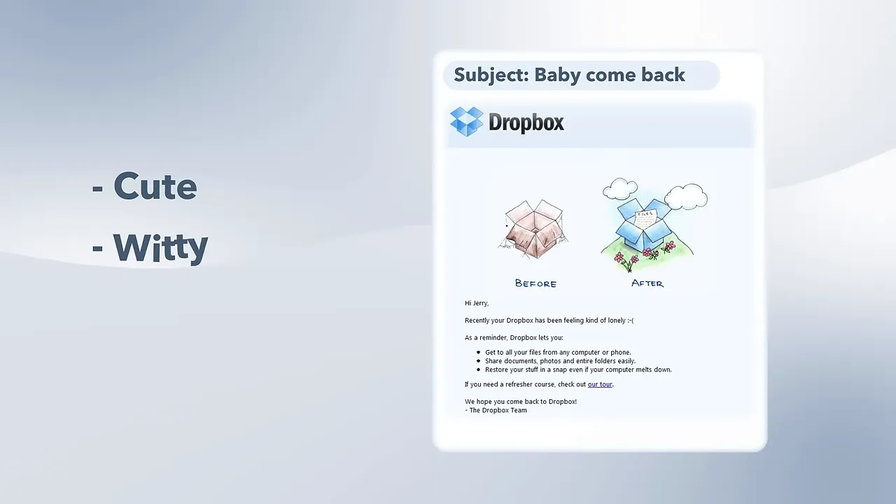 Mẫu email Dropbox với dòng tiêu đề Baby come back và các đặc điểm ngắn gọn