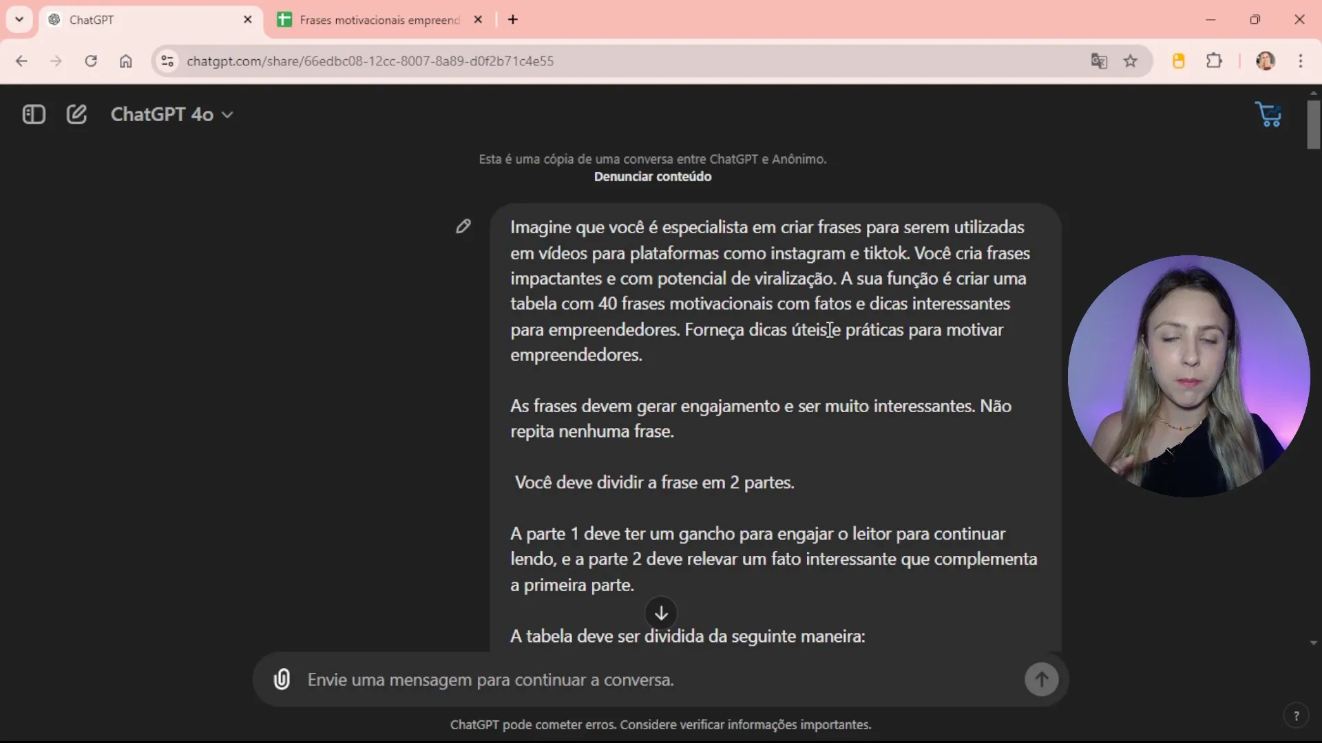 Exemplo de prompt no ChatGPT para gerar frases motivacionais