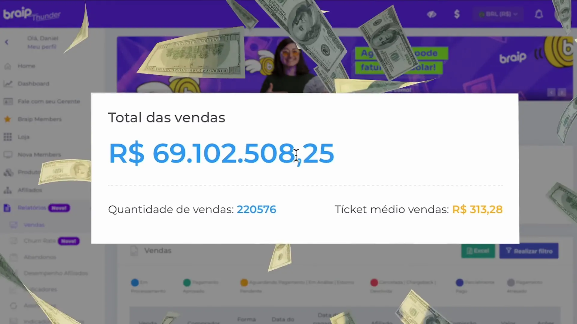 Relatório de vendas na Braip