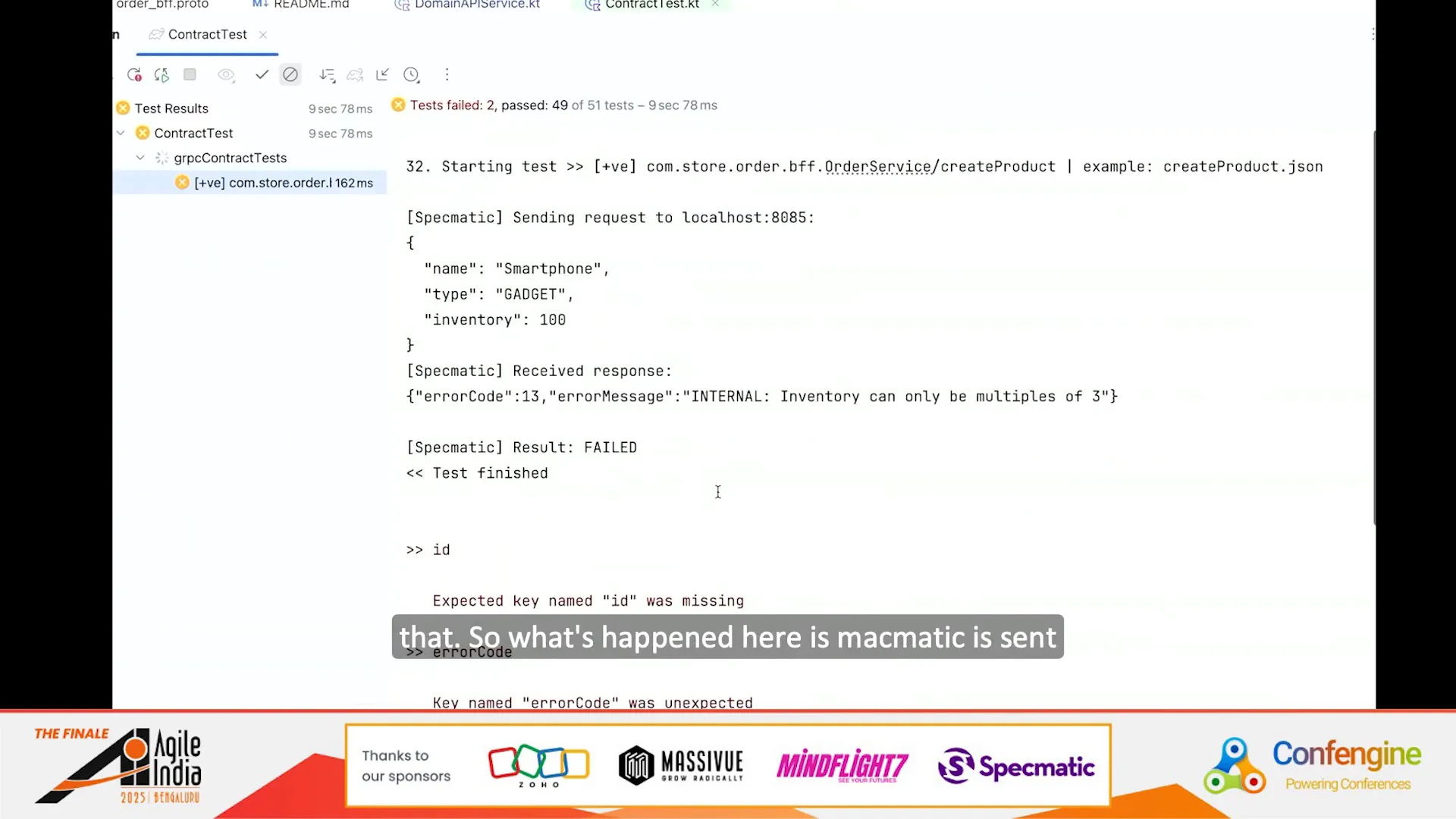 Specmatic contract tests showing failures due to proto and implementation mismatch