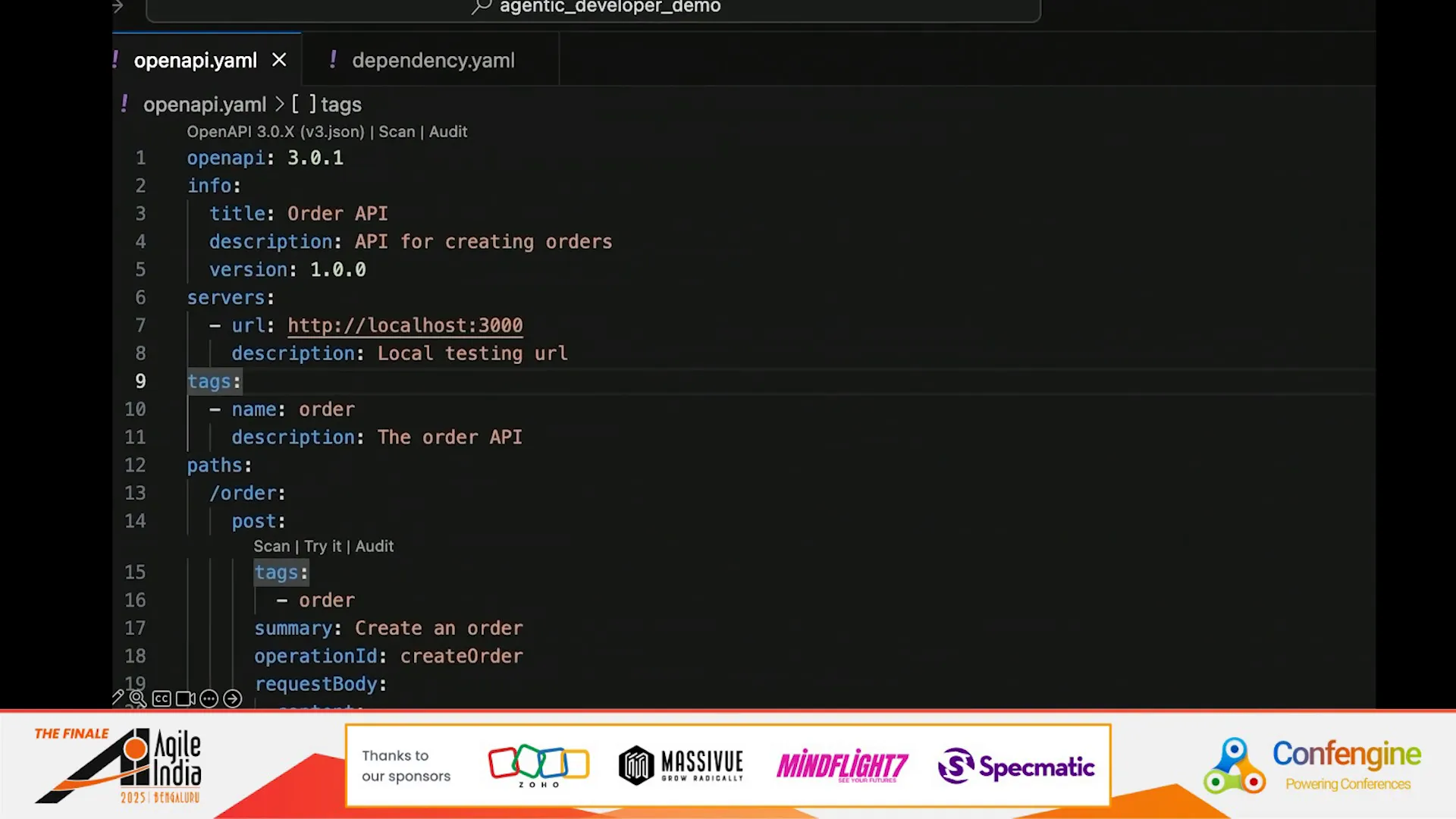 OpenAPI specifications for order and product services fed to AI agent