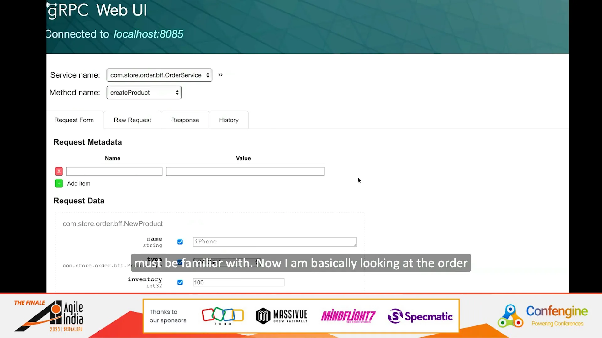 gRPC Web UI showing create product API