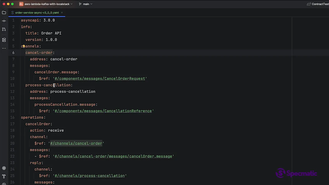 AsyncAPI specification defining Kafka topics and message schemas