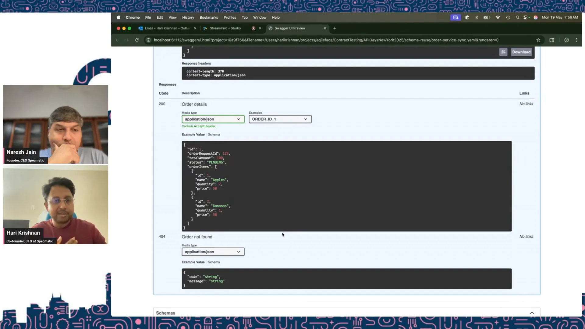 Swagger UI showing example API request and response