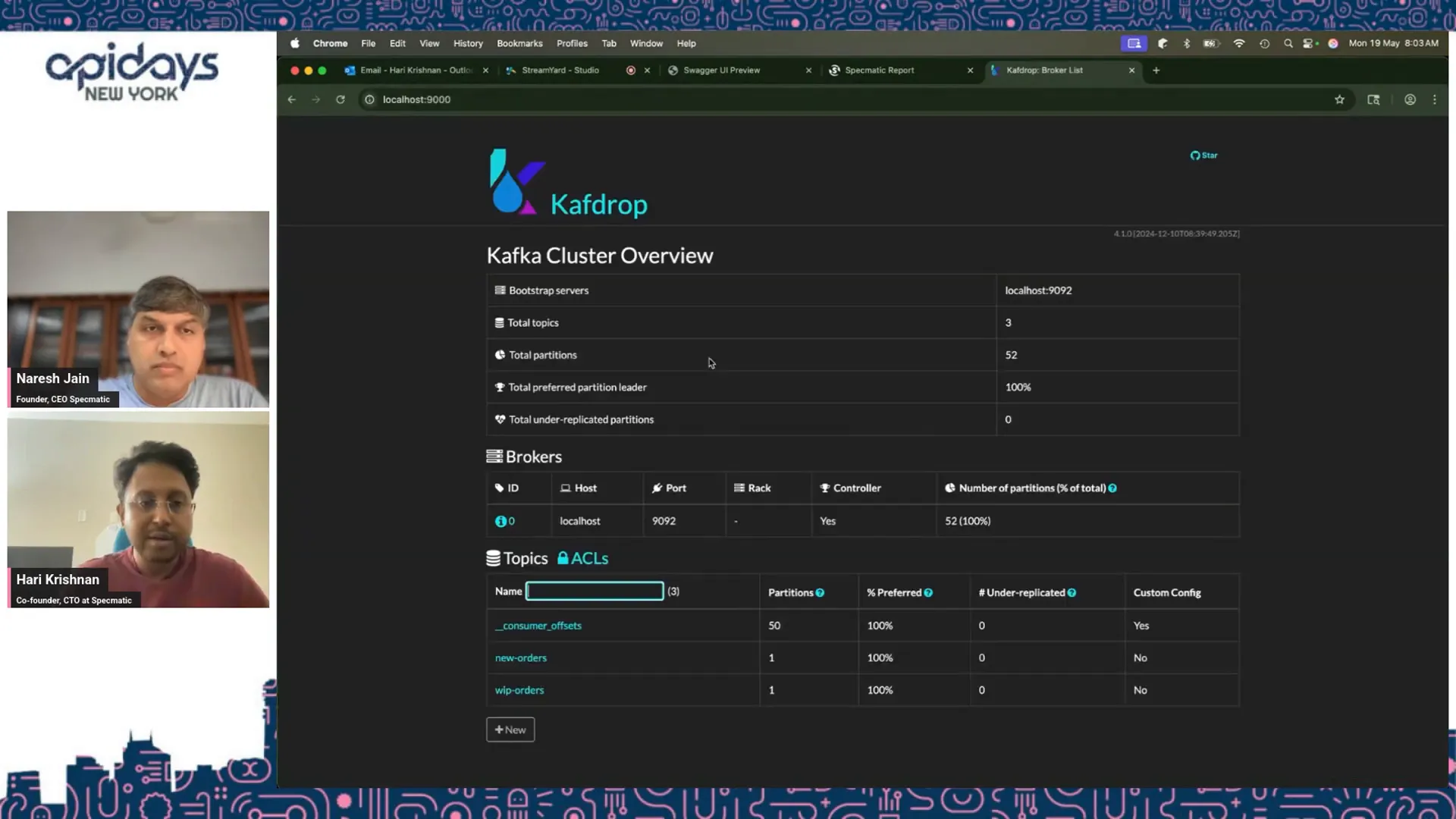 CAF drop dashboard showing Kafka topic partitions and messages