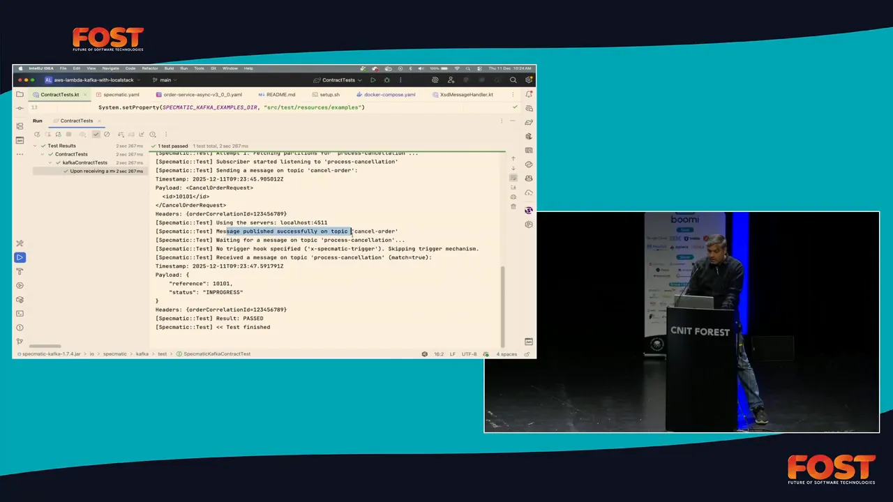 Specmatic console output showing 'Message published successfully on topic cancel-order' and waiting for 'process-cancellation'.