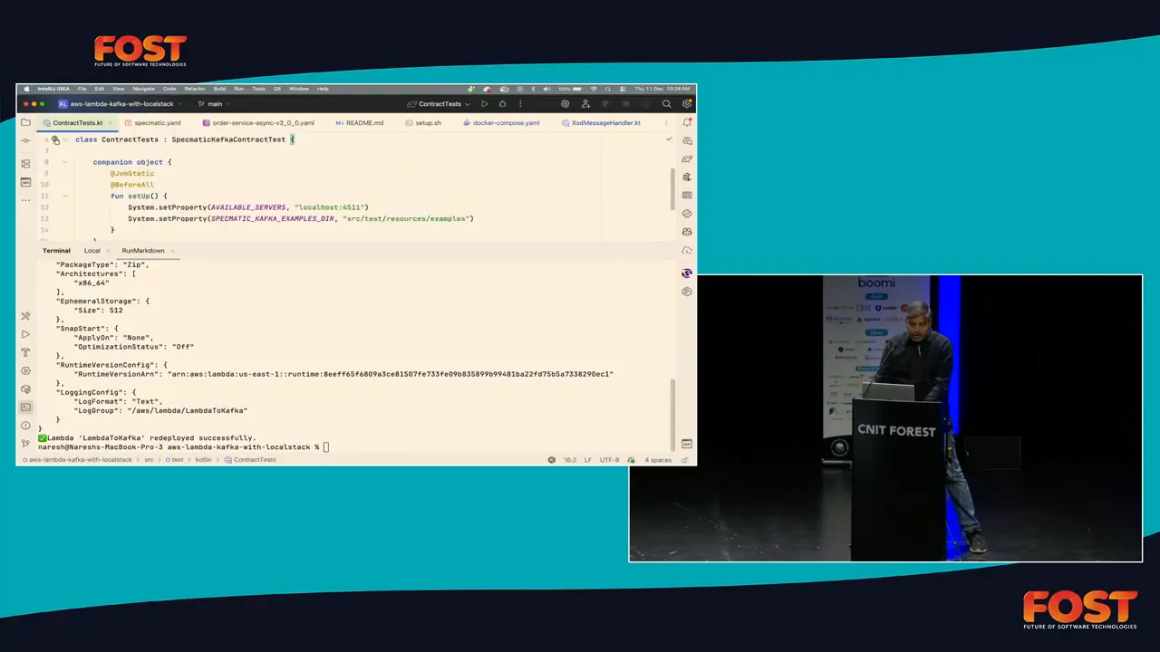 IDE showing a SpecmaticKafkaContractTest file and terminal output indicating test activity beside the presenter.