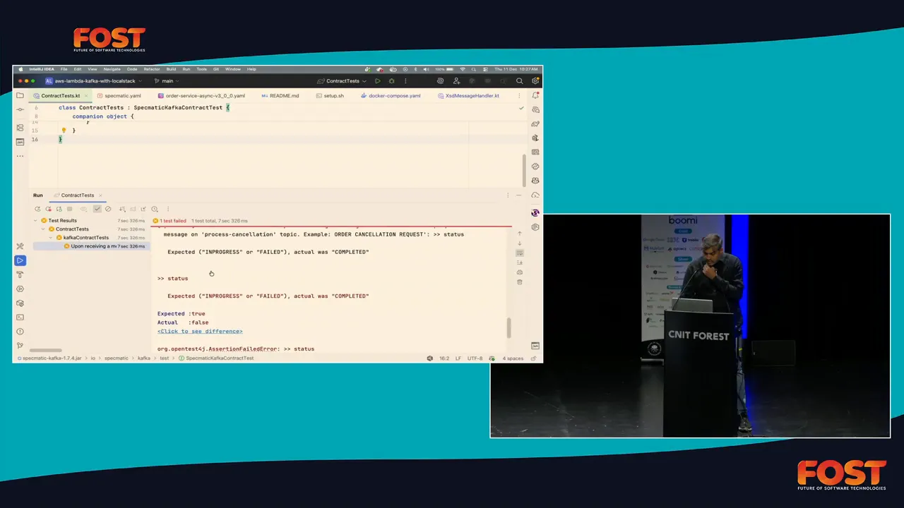 IDE console showing a Specmatic contract test failure: expected (