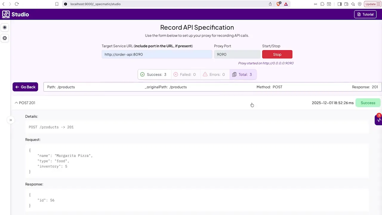 Proxy recording UI showing POST /products request payload and response details
