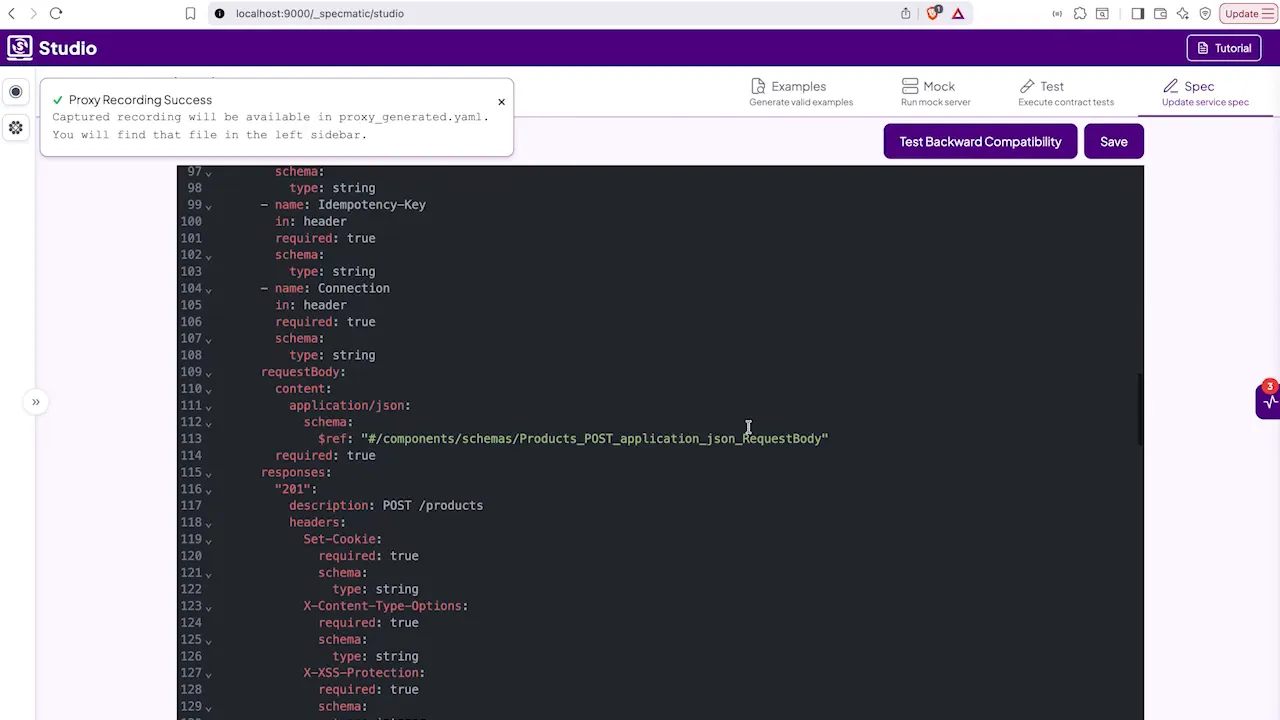 Studio app showing 'Proxy Recording Success' notification and the generated OpenAPI YAML displayed in an editor