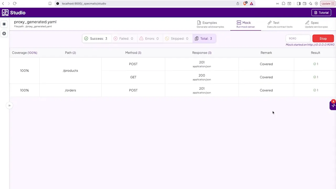 Studio UI showing mock server running at 0.0.0.0:9090 with covered endpoints and a stop button